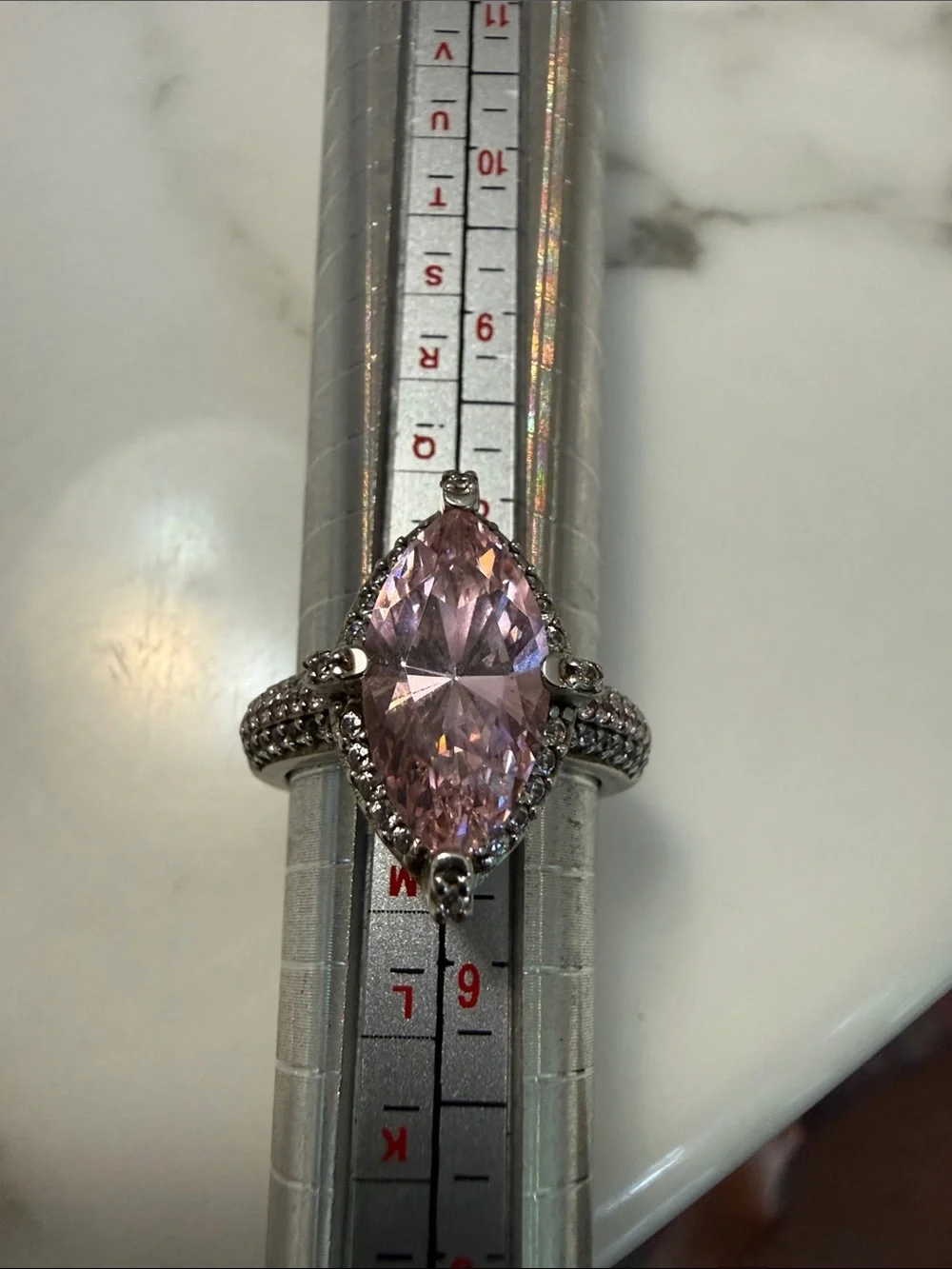 Silver ring with marquise cut pink CZs, size 7